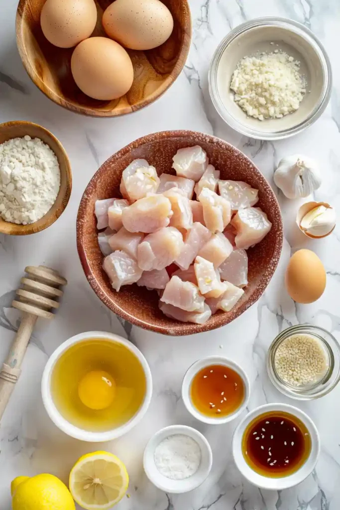 Freshly cooked honey garlic chicken bites in a bowl, crispy outside with juicy interior.