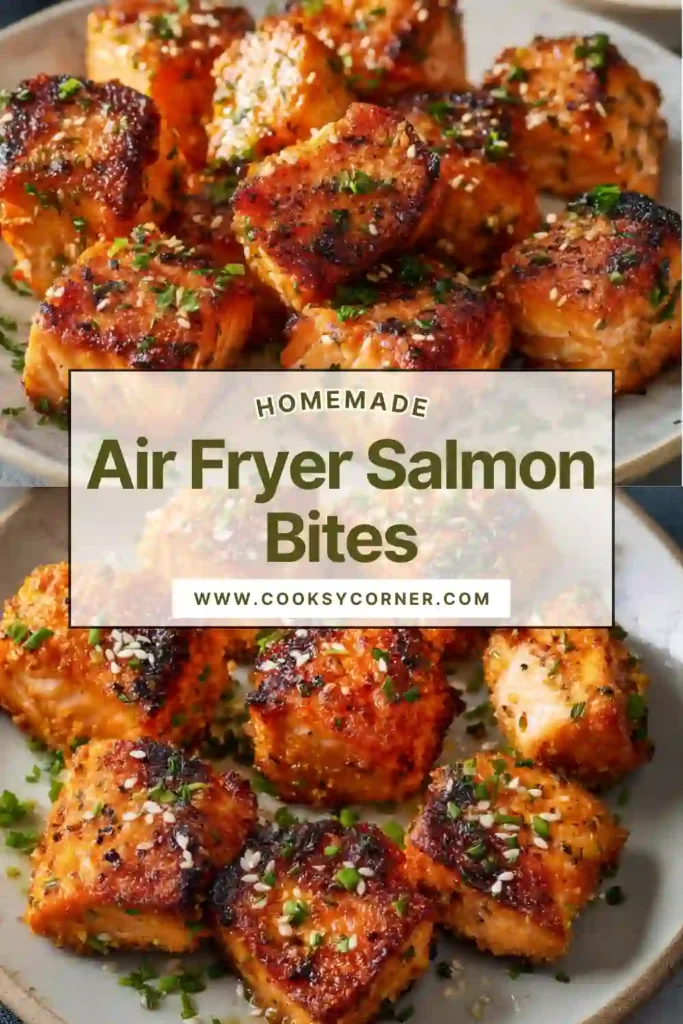 Salmon bites served with rice and vegetables, garnished with sesame seeds. Balanced meal.