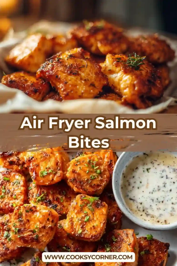 Crispy Air Fryer Salmon Bites coated in golden panko breadcrumbs and glazed with a shiny honey sauce on a serving plate.