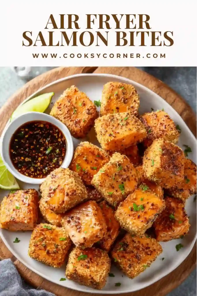 Close-up of juicy salmon bites cooked in an air fryer with a crunchy coating and sweet spicy glaze.