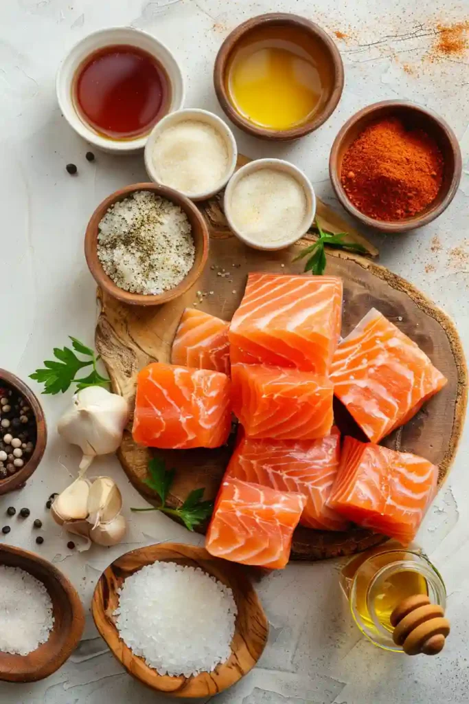 Delicious bite-sized salmon pieces with a crunchy exterior and tender interior cooked in an air fryer.