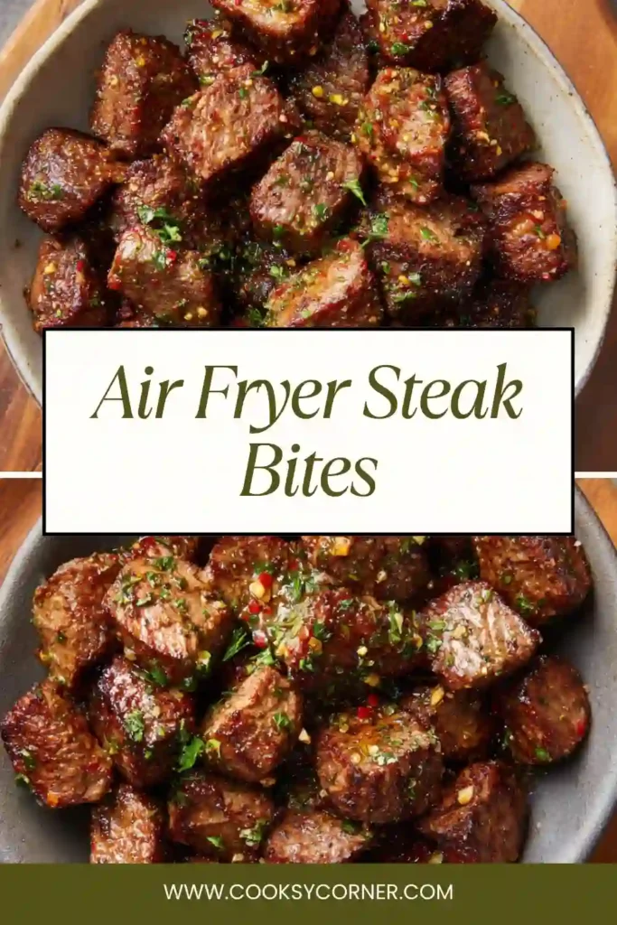 Garlic butter steak bites freshly cooked in air fryer with visible seasoning. Tender and juicy texture.
