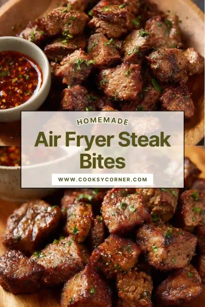 Crispy steak bites cooked in air fryer with herbs and spices.