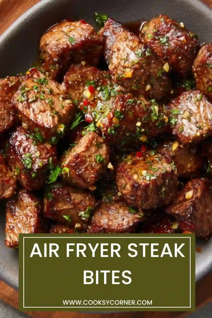 Air Fryer Steak Bites cooked and coated in garlic butter served in a bowl. Juicy and flavorful beef recipe.