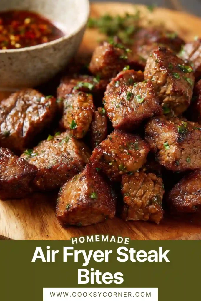 Air fryer steak bites with garlic butter and parsley on a plate. Juicy and flavorful.