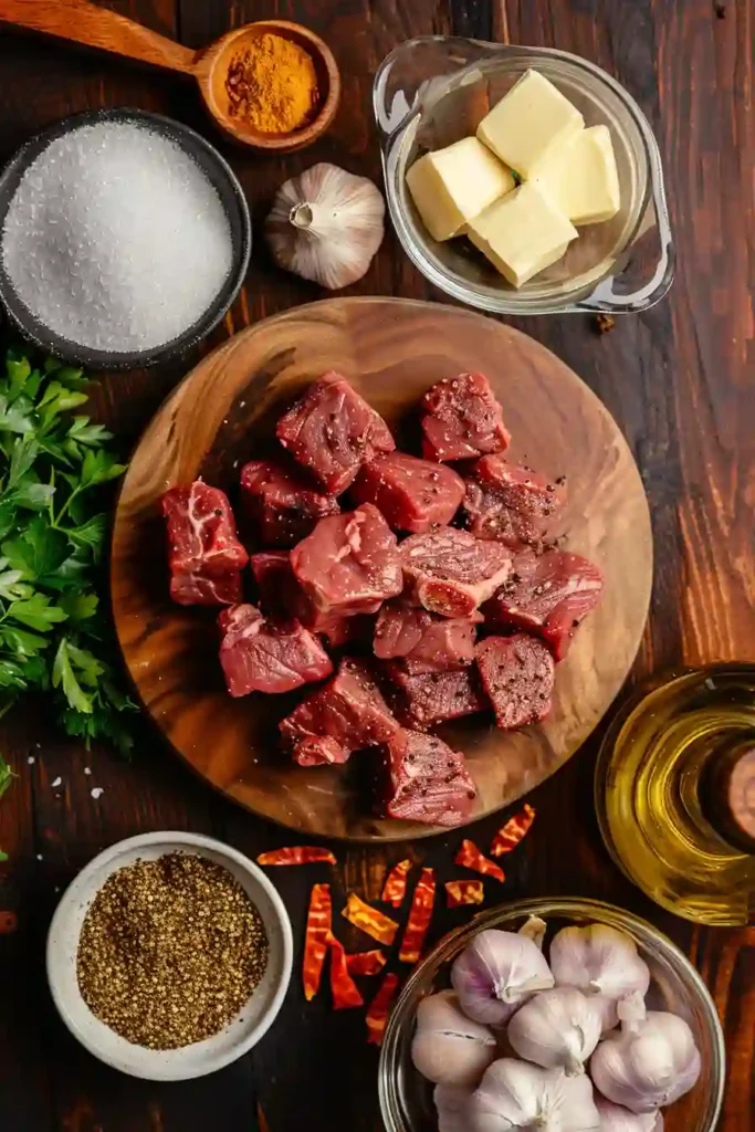 Bowl of Air Fryer Steak Bites garnished with parsley and spices. Quick and delicious protein-rich meal.