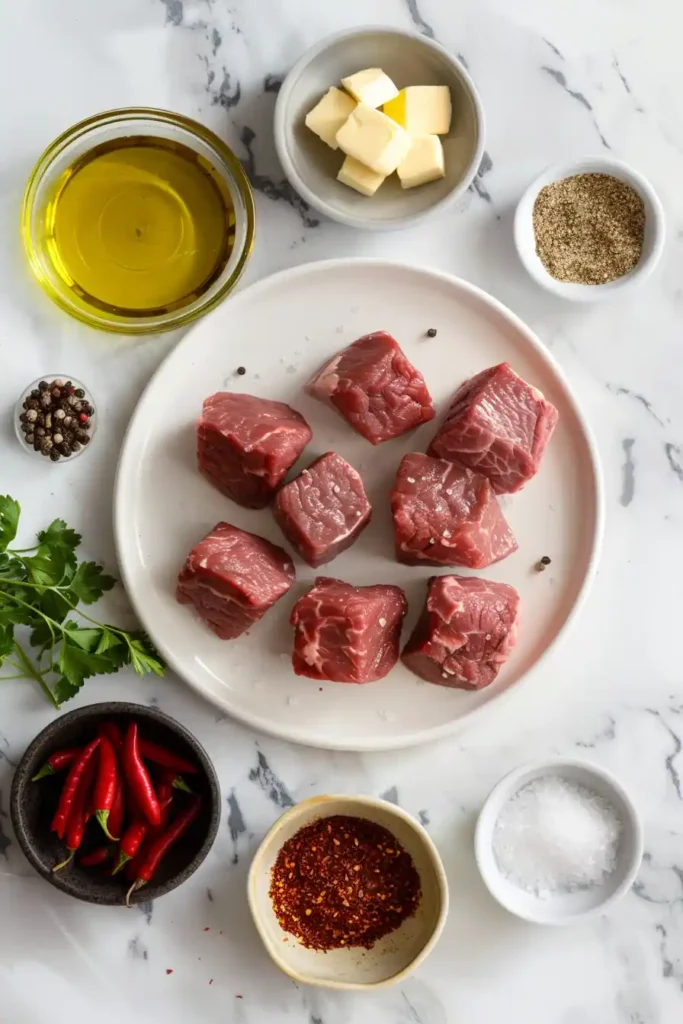 Plate of tender steak pieces with garlic butter glaze.