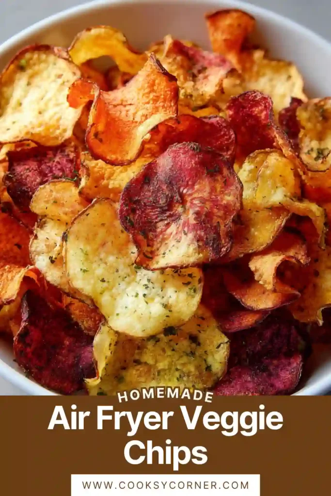 Crispy air fryer veggie chips made from sweet potatoes, beets, and carrots in a bowl.