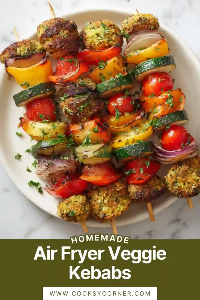 Close-up of air fryer veggie kebabs showing roasted zucchini, mushrooms, and peppers with a glossy olive oil coating.