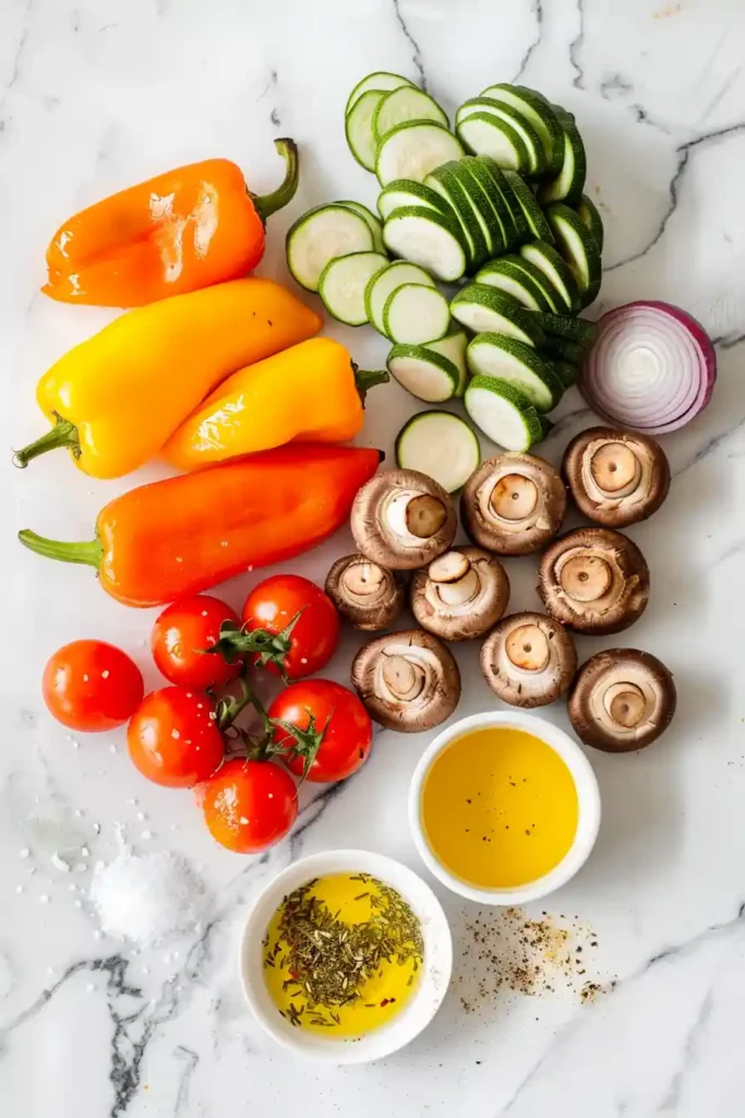 Freshly cooked veggie kebabs in an air fryer basket with golden edges and bright natural colors.