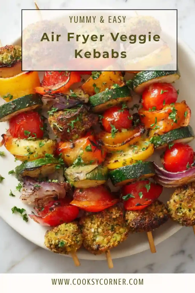 Healthy air fryer vegetable skewers arranged with colorful bell peppers, tomatoes, and onions in a modern kitchen setting.