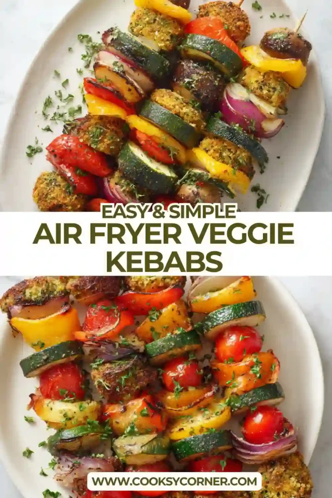 Air fryer veggie kebabs with zucchini, mushrooms, and bell peppers cooked to perfection on skewers. The vegetables are slightly charred and vibrant.