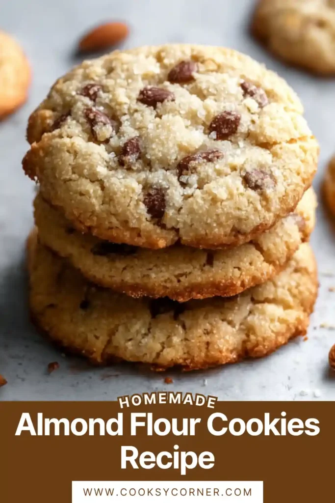 Close-up of gluten-free almond flour cookies stacked on a plate with a soft center and crisp edges.