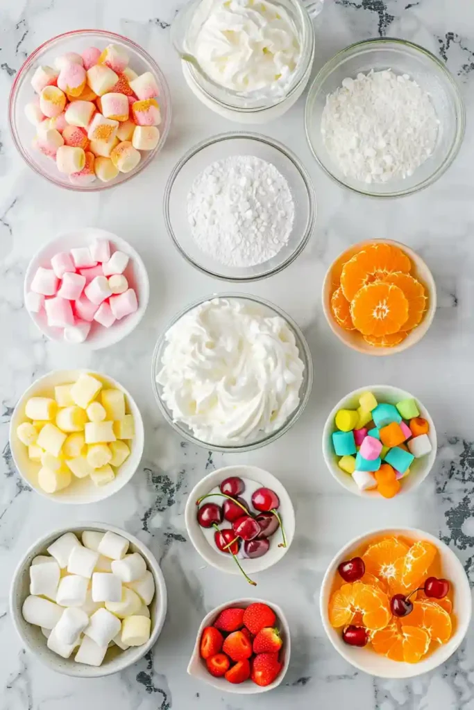 Bowl of ambrosia salad filled with juicy fruit, coconut, and fluffy whipped cream mixture.