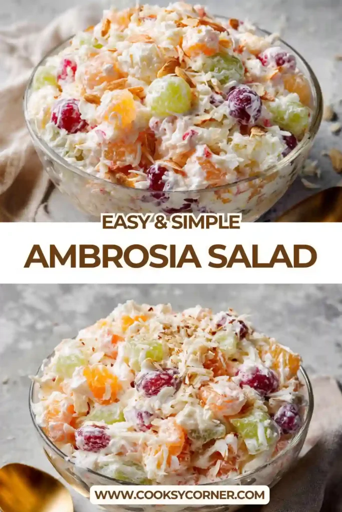 Close-up of ambrosia fruit salad with coconut, oranges, and whipped cream. Bright colors and creamy texture stand out.