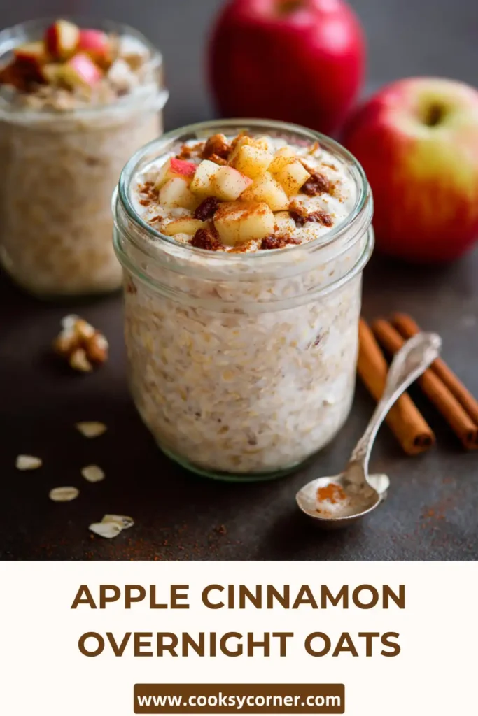 Creamy overnight oats with apples, cinnamon, and flaxseed in a glass jar, styled for a cozy morning meal.