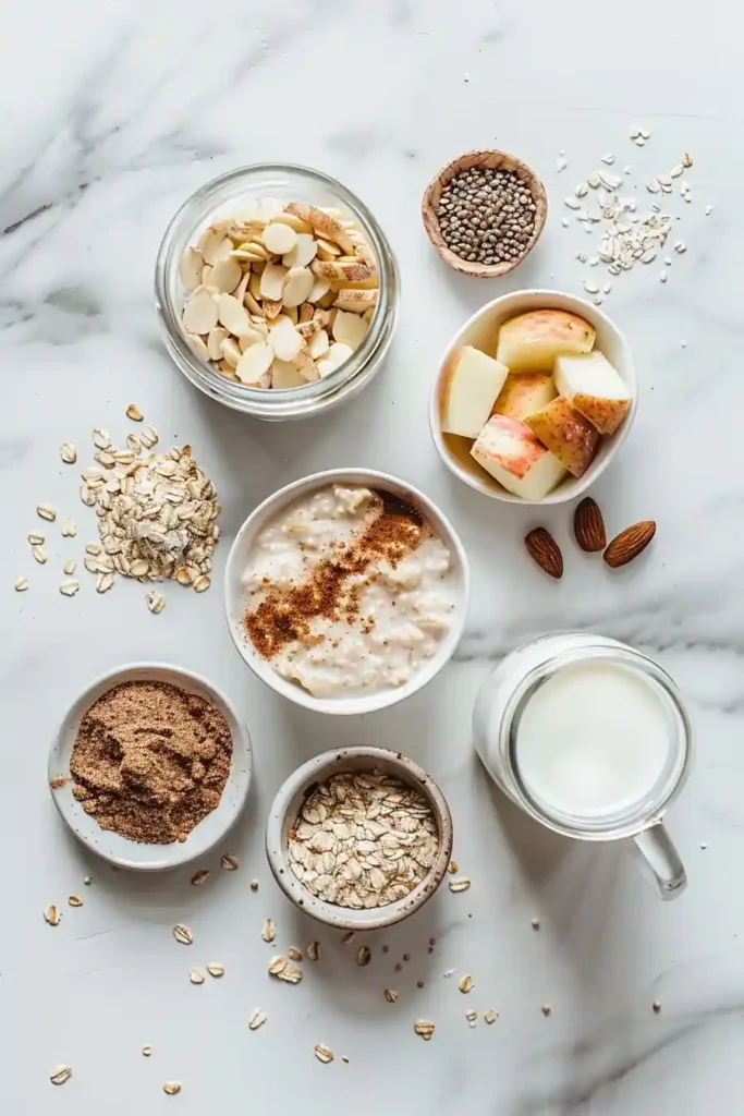Apple cinnamon overnight oats served with crunchy toppings and maple drizzle, highlighting a healthy breakfast option.