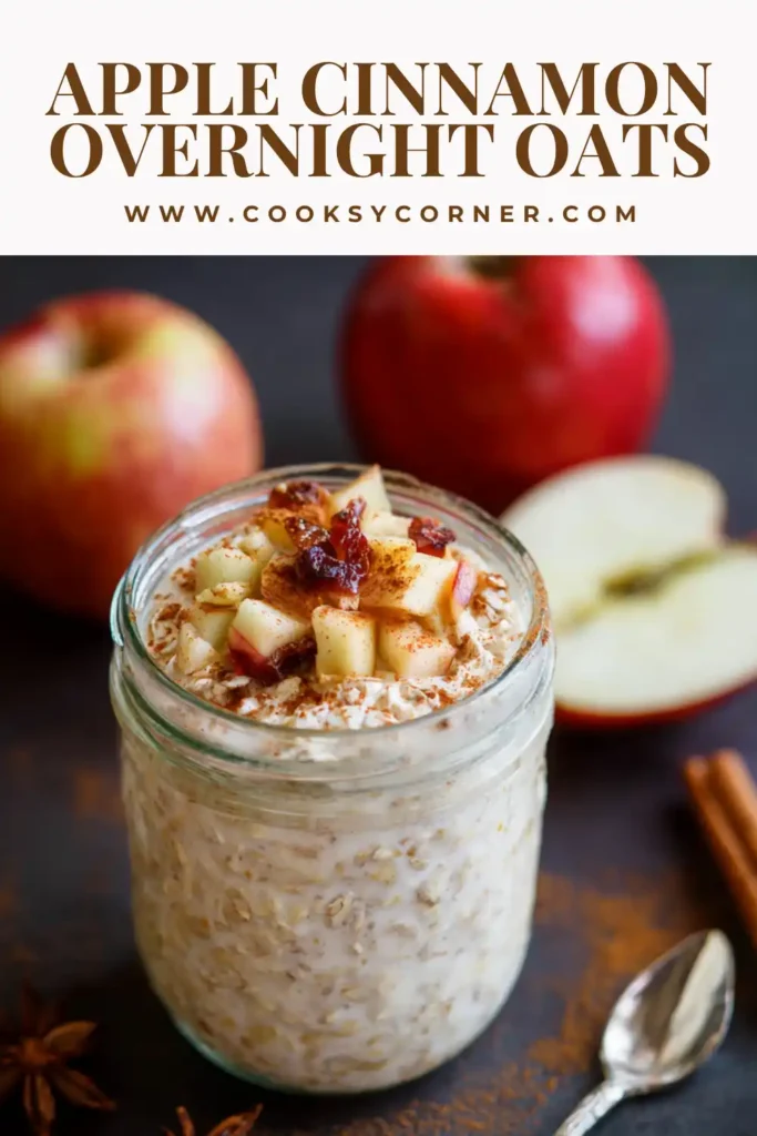 A jar of apple cinnamon overnight oats topped with fresh apples and nuts, showing creamy texture and warm spices. Perfect healthy breakfast idea.