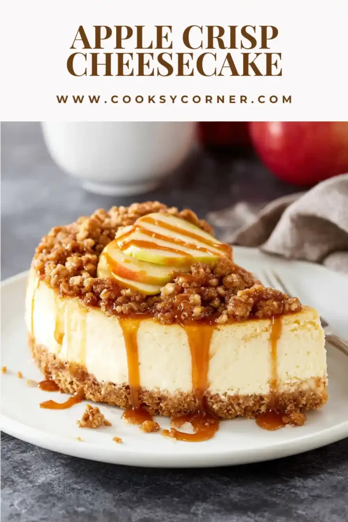 Homemade Apple Crisp Cheesecake with golden crumble topping and sliced apples on top