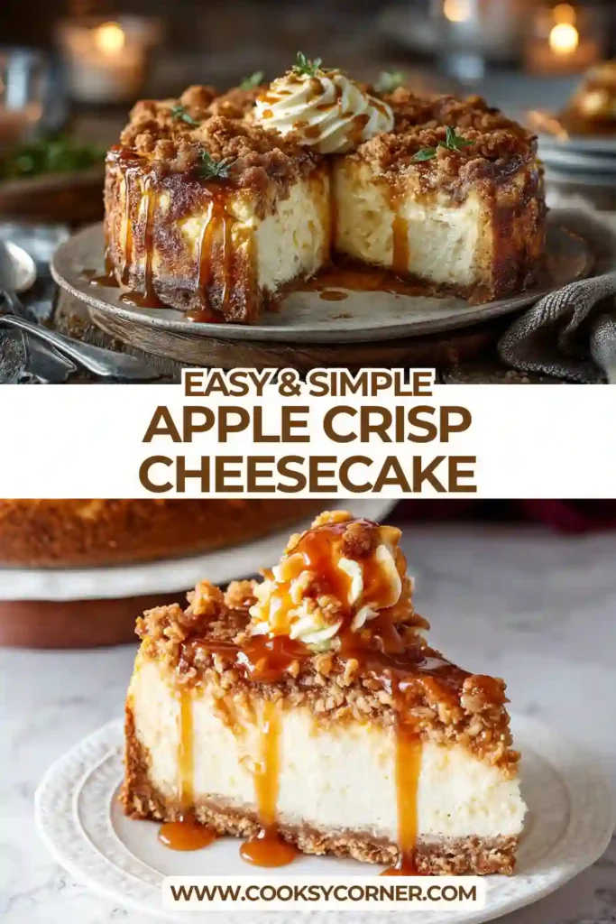 Close-up of apple crumble cheesecake with layers of graham crust, creamy filling, and spiced apples