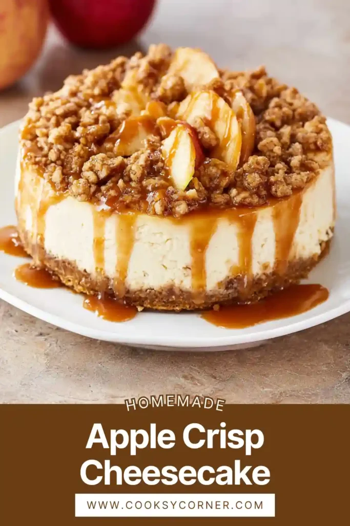 Apple Crisp Cheesecake topped with cinnamon apples and oat crumble on a slice plate showing creamy texture