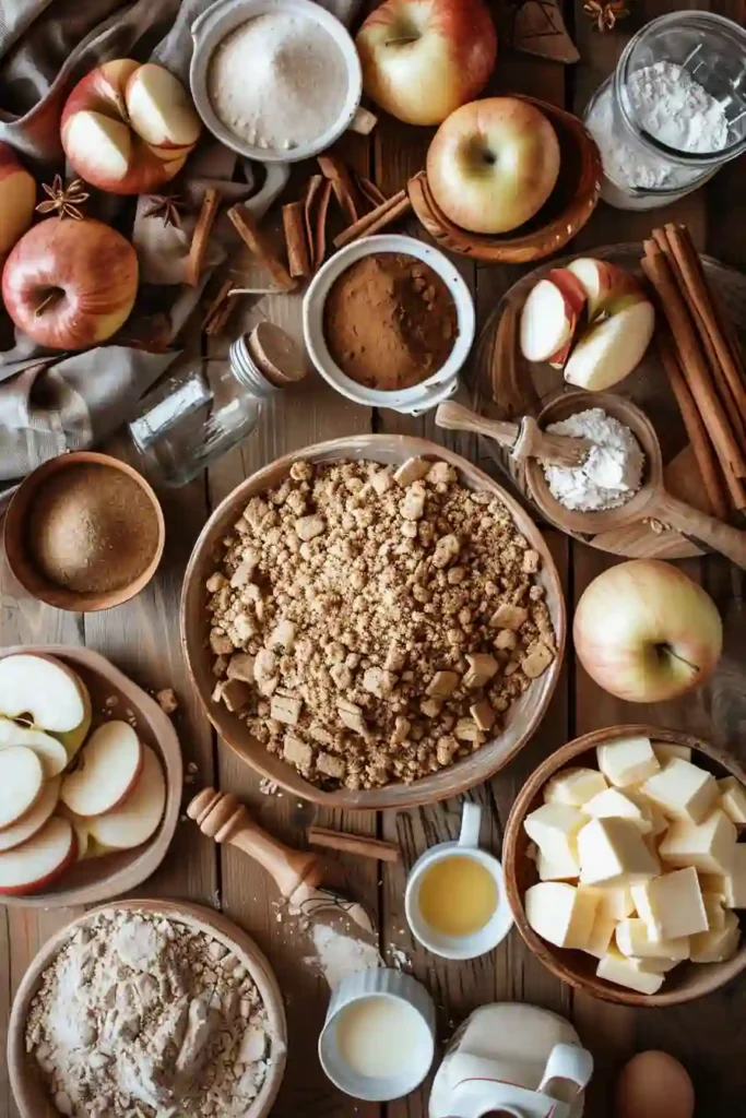Slice of cinnamon apple cheesecake with crunchy oat topping and smooth cheesecake filling