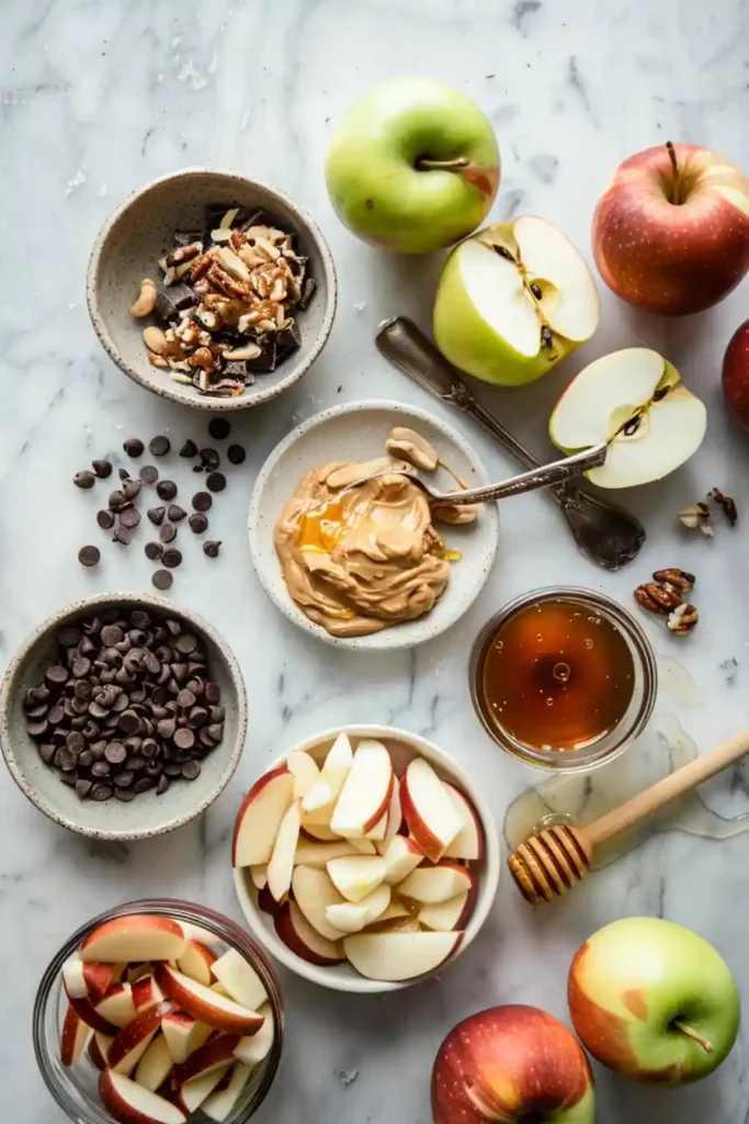 A plate of apple nachos with rich chocolate drizzle and smooth peanut butter, perfect as a quick healthy snack.