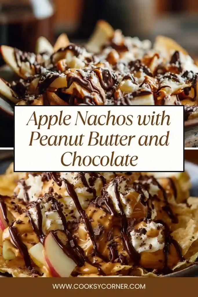 Fresh apple nachos topped with peanut butter and chocolate drizzle arranged on a plate. The slices look crisp and colorful with added toppings.