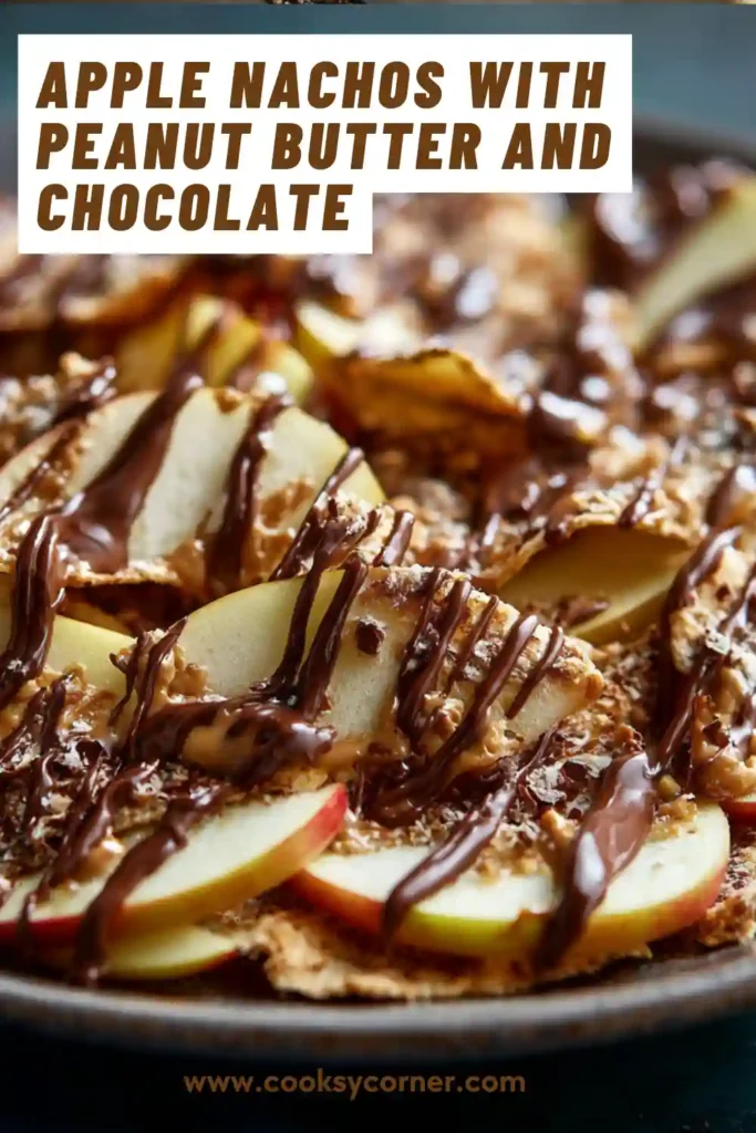 Healthy apple nachos with creamy peanut butter and melted chocolate served as a no bake dessert. The apples are sliced thin and evenly coated.