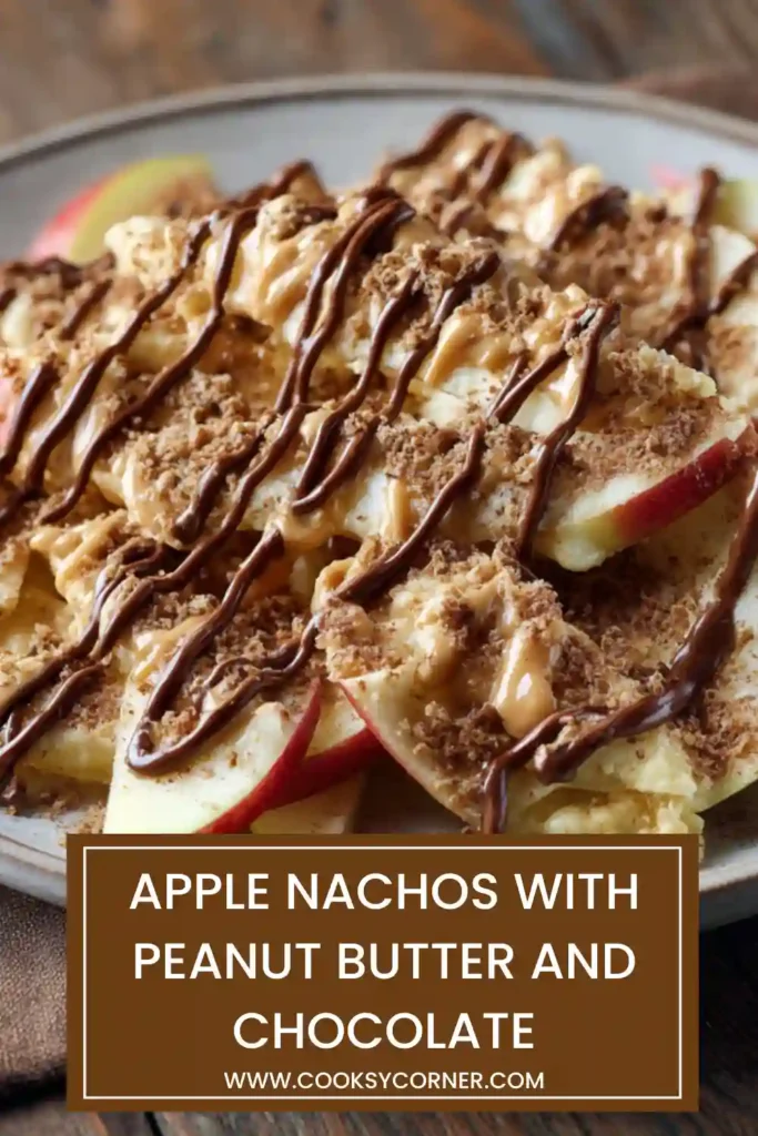 Close-up of apple slices drizzled with chocolate and peanut butter, topped with coconut and nuts for texture.