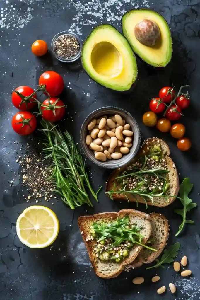 Easy avocado bean toast plated for breakfast with vibrant tomatoes and seasoning.