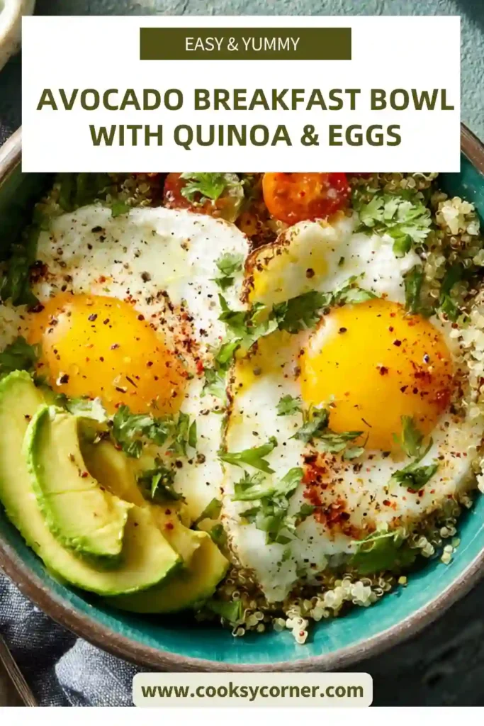 Close-up of avocado egg breakfast bowl with fluffy quinoa and feta cheese, showing rich textures and colors.