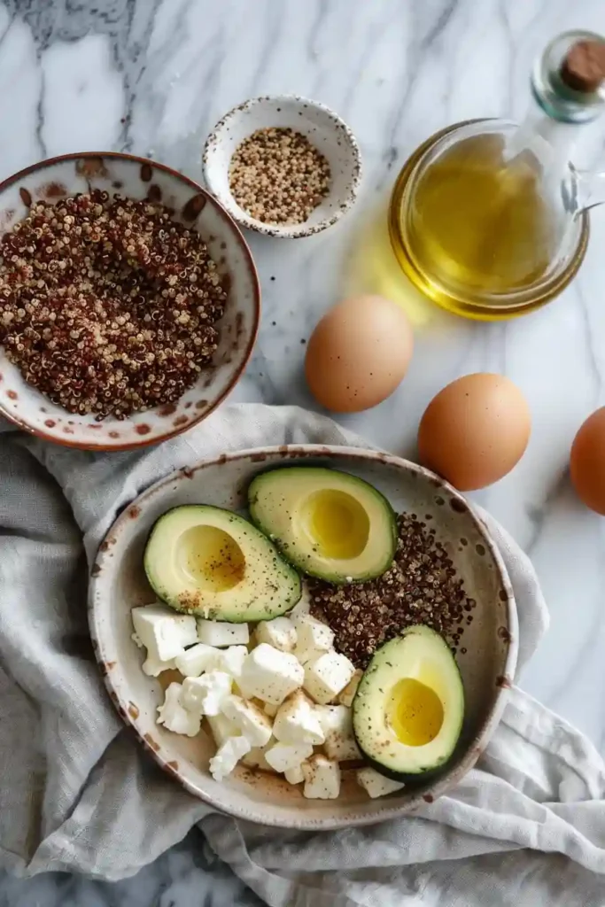 Nutritious breakfast bowl with quinoa, eggs, avocado, and seasoning on a light background.