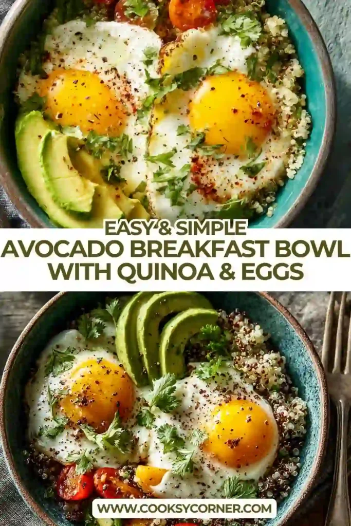 Protein-rich quinoa bowl topped with fried eggs and diced avocado, styled for a clean breakfast presentation.