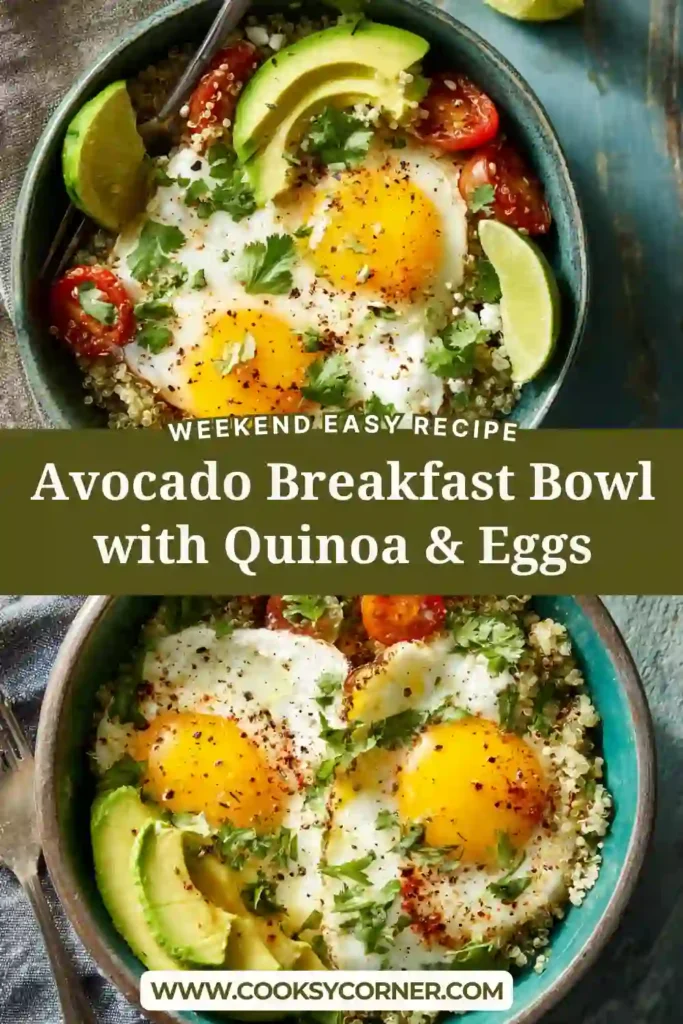 A healthy avocado breakfast bowl with quinoa, eggs, feta cheese, and fresh avocado slices in a ceramic bowl.