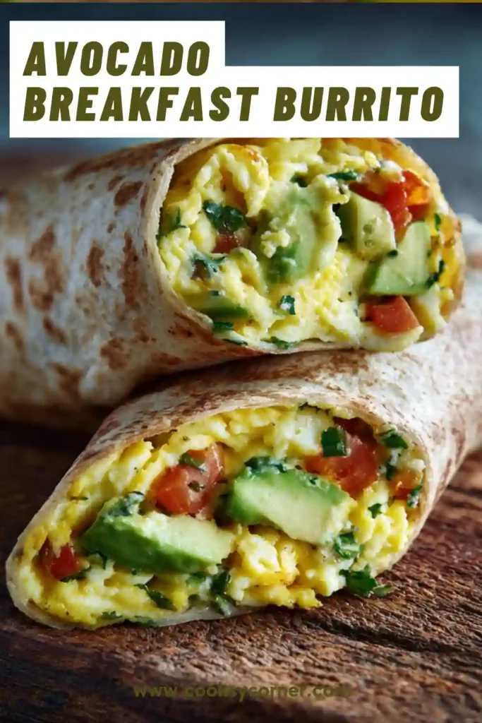 Homemade avocado breakfast burrito wrapped in a tortilla with visible colorful veggies and creamy avocado slices.