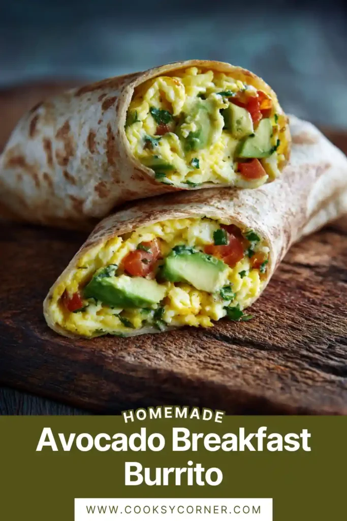 Close-up of a healthy avocado breakfast burrito showing layers of eggs, cheese, potatoes, and fresh avocado.