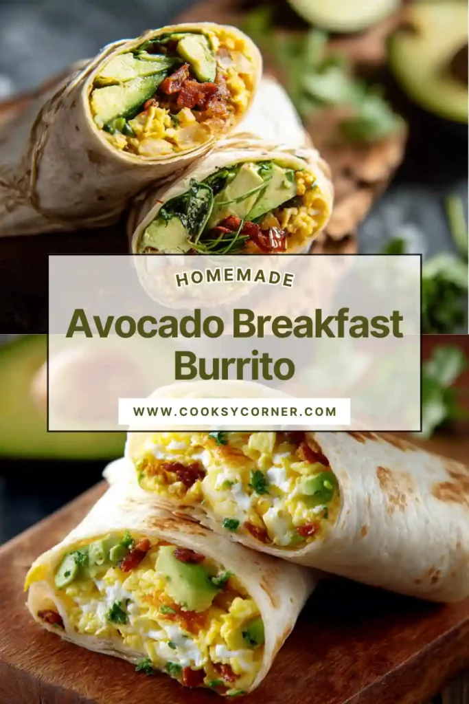 A freshly made avocado breakfast burrito filled with scrambled eggs, vegetables, turkey ham, and sliced avocado on a plate.