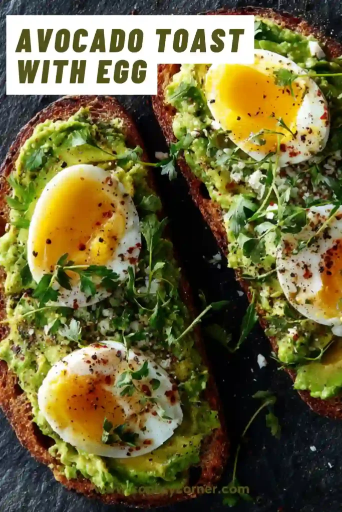 Close-up of avocado toast with poached egg showing creamy yolk and fresh avocado spread.