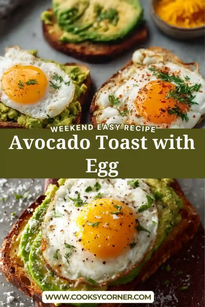 Healthy avocado toast topped with fried egg and seasoned with salt and pepper on rustic bread.