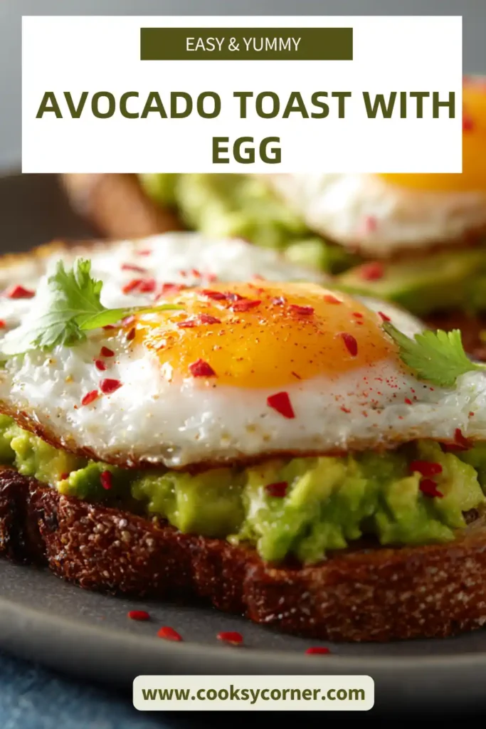 Avocado toast with egg served on crispy bread with creamy mashed avocado and perfectly cooked egg on top.