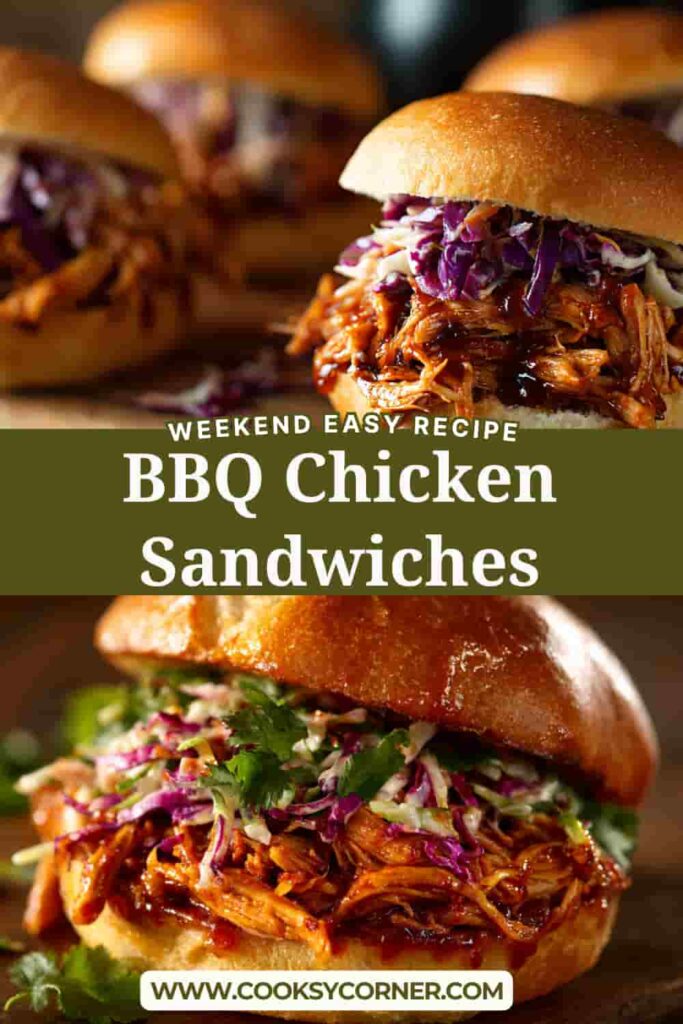 Close-up of BBQ Chicken Sandwiches filled with juicy shredded chicken and tangy pickles in a soft roll.