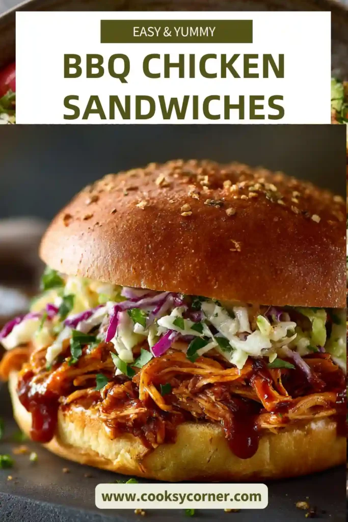 Tender shredded BBQ chicken piled high on a soft sandwich bun with pickle relish on top. The sauce looks rich and glossy.