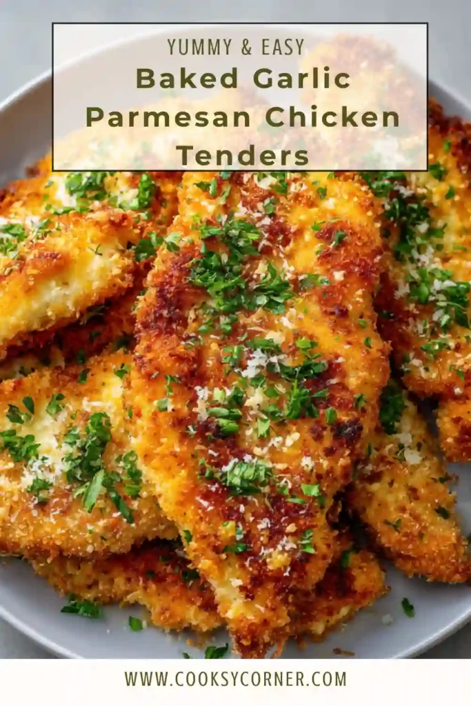 Close-up of crispy garlic parmesan chicken tenders with herbs and dipping sauce on the side. Perfect family meal.