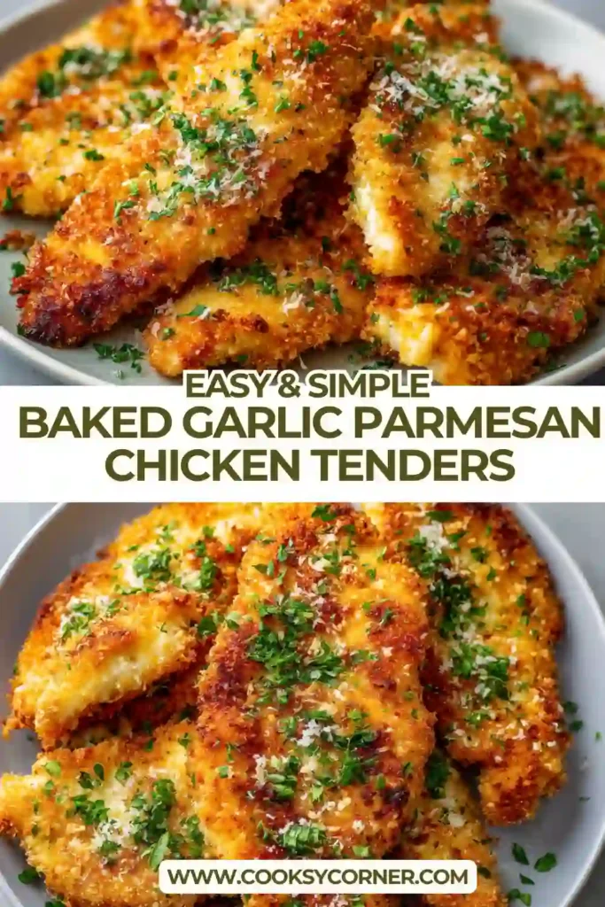 Oven baked chicken tenders coated in panko and parmesan, brushed with garlic butter and served with salad and fries.