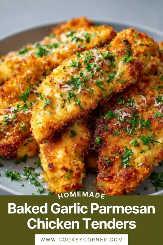 Crispy baked garlic parmesan chicken tenders served with creamy dipping sauce and lemon wedges on a plate. Golden and crunchy exterior with juicy chicken inside.