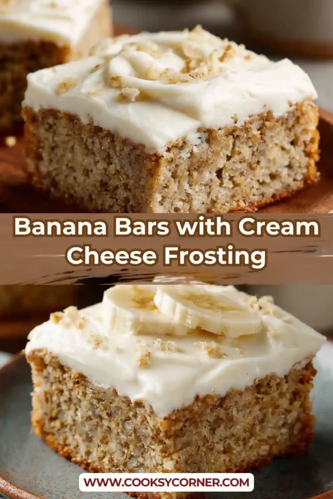 Banana bars with cream cheese frosting cut into squares with smooth creamy topping.