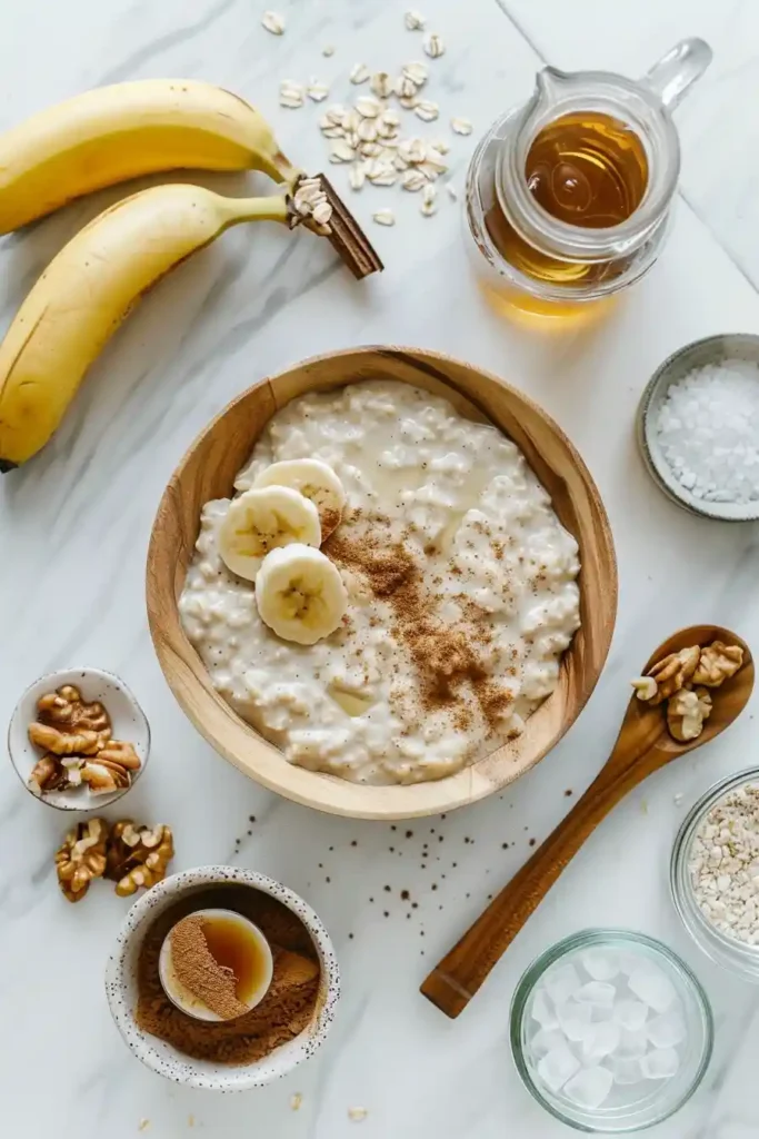Bowl of banana bread oatmeal served fresh with golden bananas and crunchy nuts.