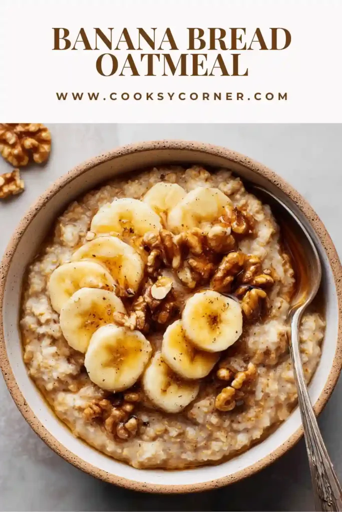 Close-up of creamy oatmeal with cinnamon, banana, and maple syrup drizzle.