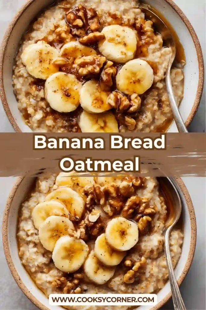 Banana bread oatmeal topped with caramelized banana slices and chopped walnuts in a bowl.
